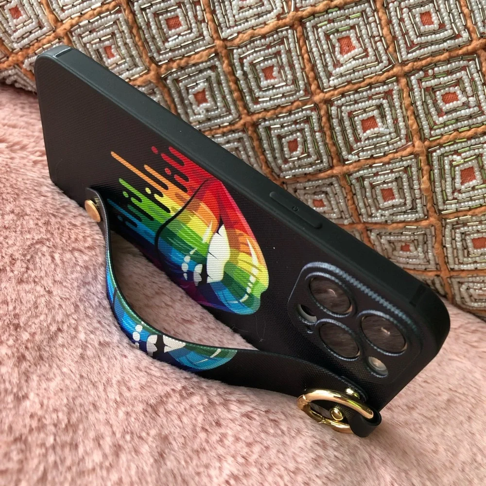 For iPhone 13 pro max phone case with wrist strap kickstand keychain lgbtq